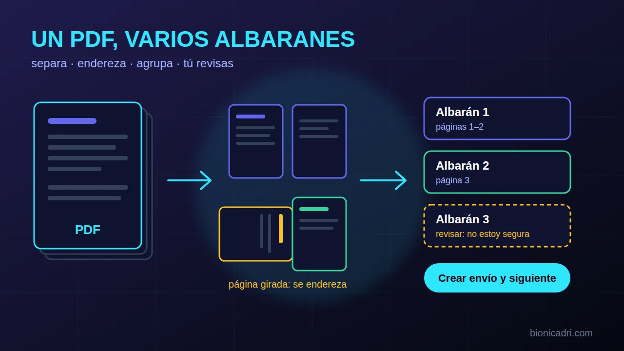 Esquema de un PDF escaneado con varios albaranes que ADRI separa por páginas, agrupa y deja listos para revisar uno a uno